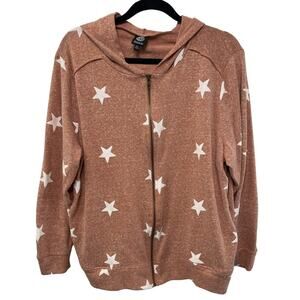 Bobeau Allover Star Print Long‎ Sleeve Full Zip Hoodie Pink Womens Plus Size 1X